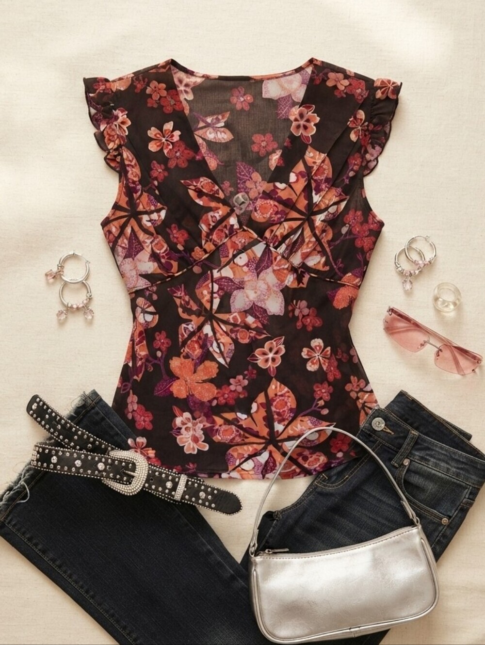 90s Y2K Daytrip Black Pink Floral Semi Sheer Vneck Blouse Top